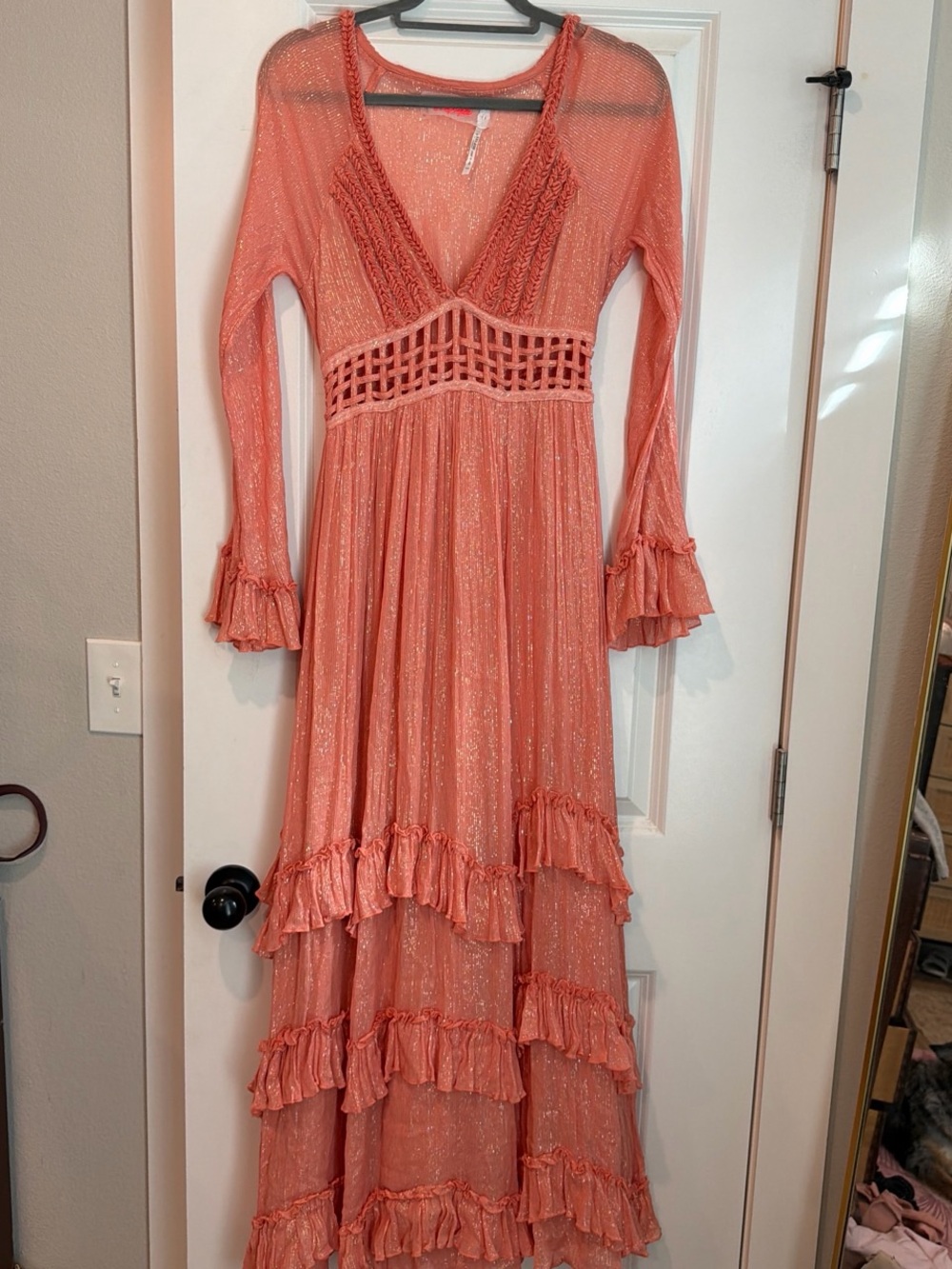 Free People Long Coral Maxi Dress with Ruffle Tiers